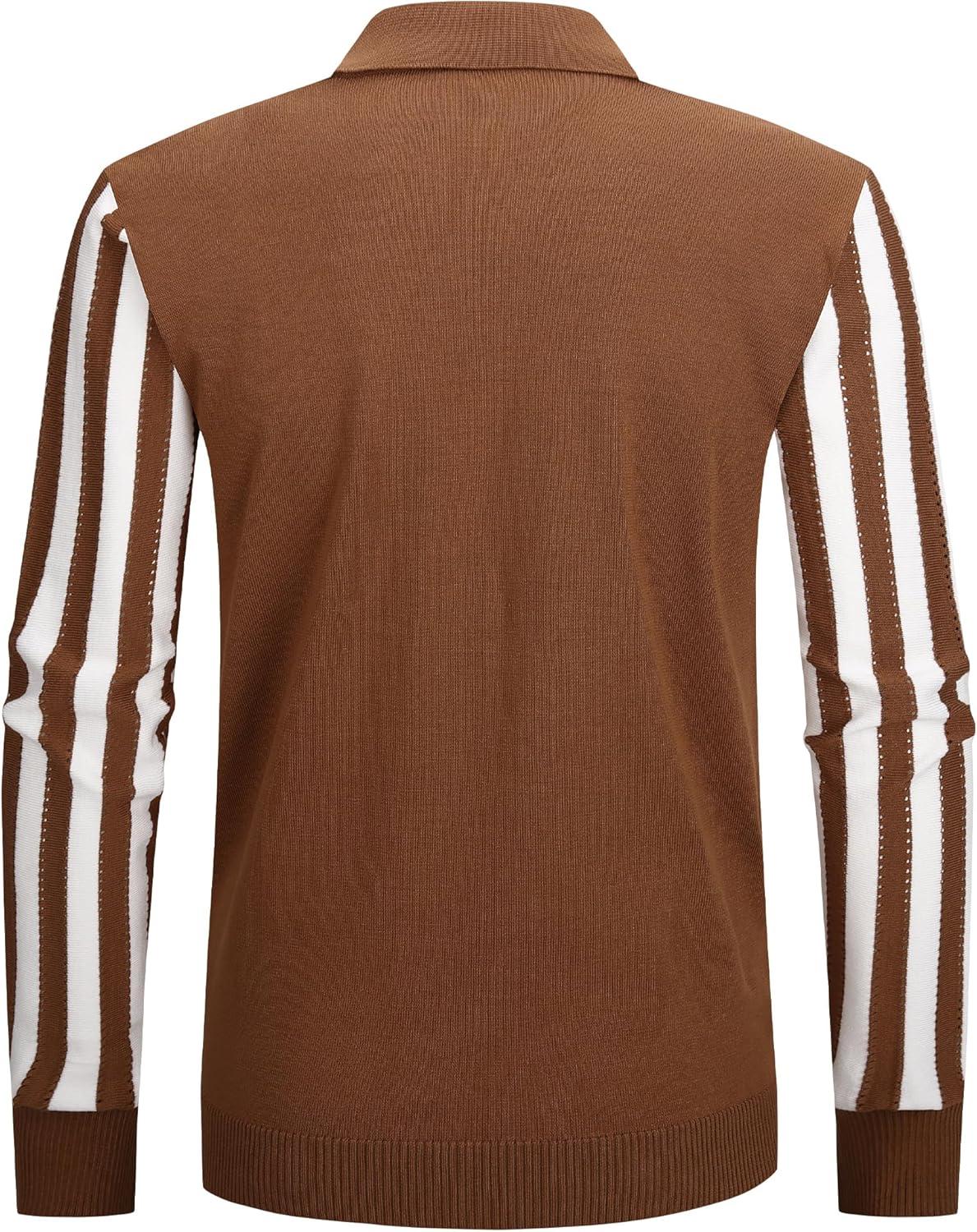 imageAlex Vando Mens Knit Polo Shirts Long Sleeve Sweater Casual Fashion Classic Button Down Polo ShirtsBrownWhite