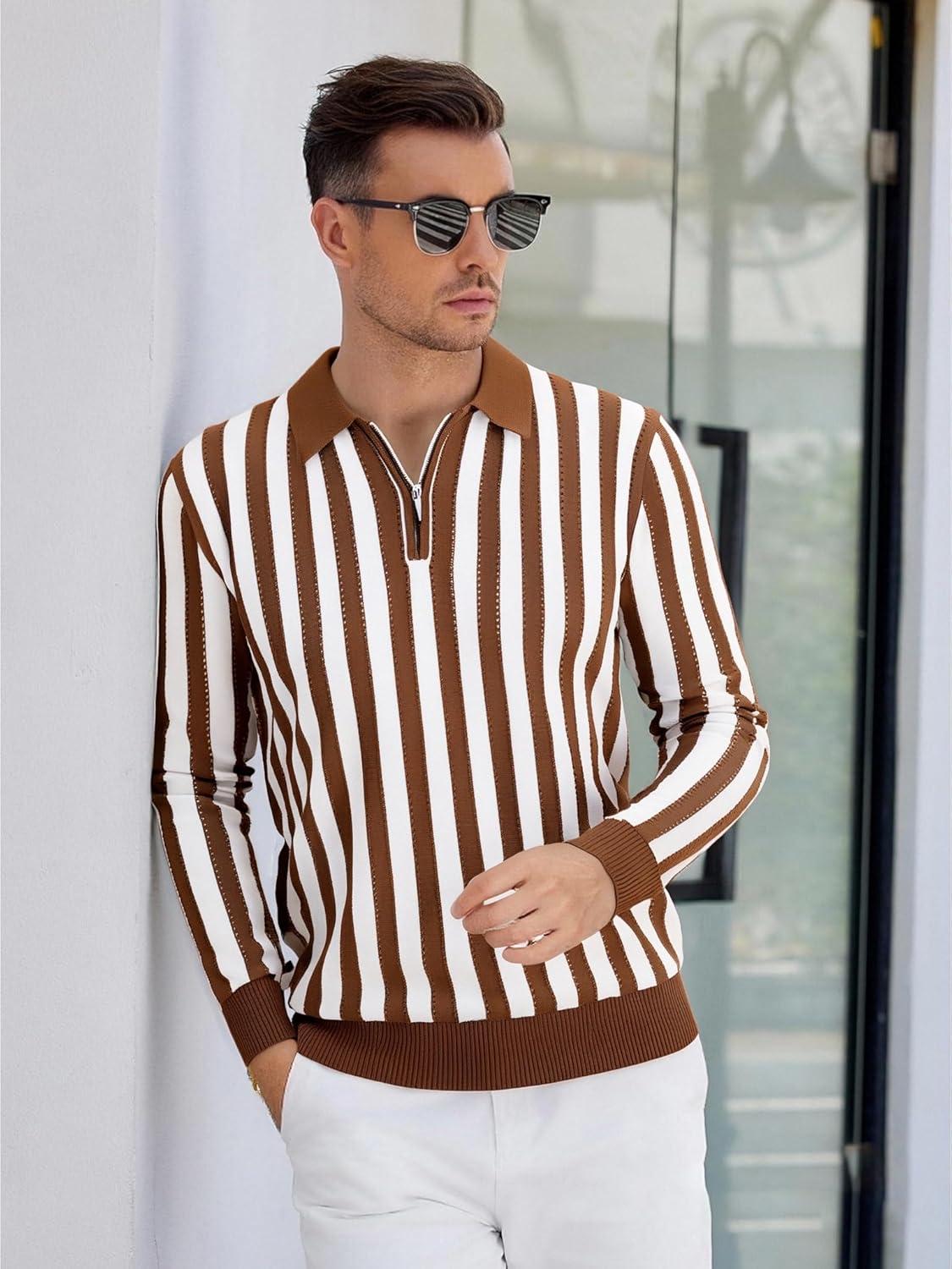 imageAlex Vando Mens Knit Polo Shirts Long Sleeve Sweater Casual Fashion Classic Button Down Polo ShirtsBrownWhite