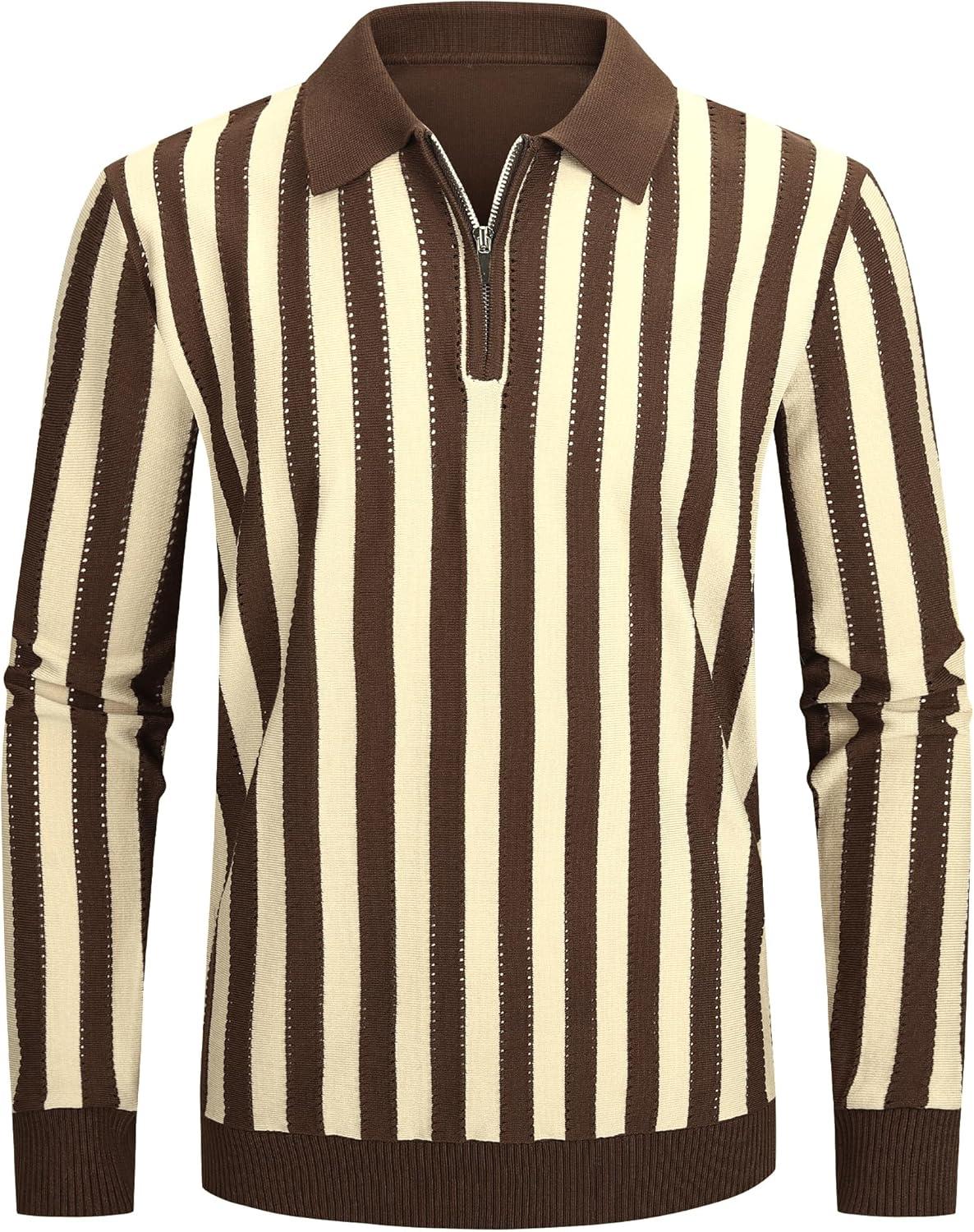 imageAlex Vando Mens Knit Polo Shirts Long Sleeve Sweater Casual Fashion Classic Button Down Polo ShirtsCoffeeKhaki