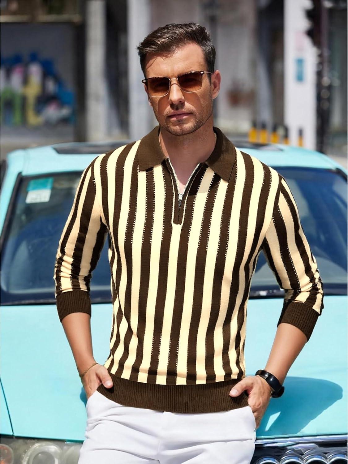 imageAlex Vando Mens Knit Polo Shirts Long Sleeve Sweater Casual Fashion Classic Button Down Polo ShirtsCoffeeKhaki