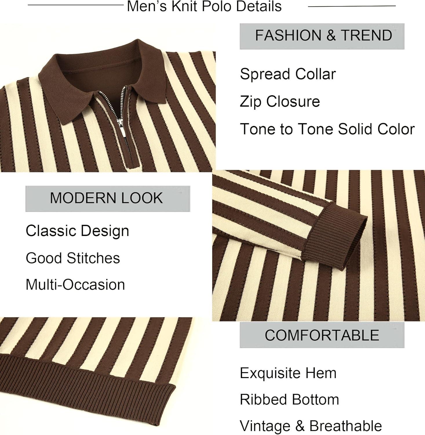 imageAlex Vando Mens Knit Polo Shirts Long Sleeve Sweater Casual Fashion Classic Button Down Polo ShirtsCoffeeKhaki