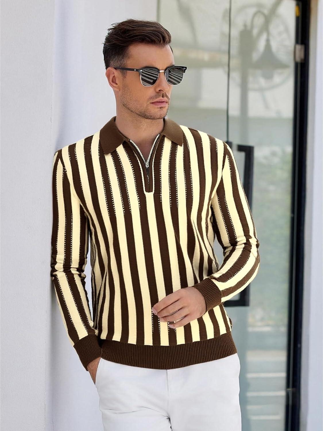 imageAlex Vando Mens Knit Polo Shirts Long Sleeve Sweater Casual Fashion Classic Button Down Polo ShirtsCoffeeKhaki