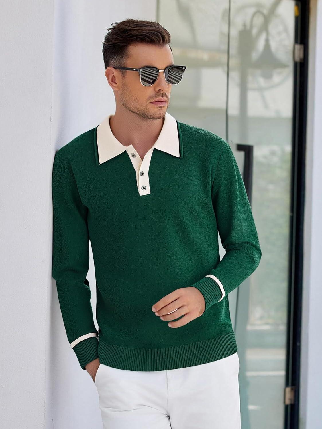 imageAlex Vando Mens Knit Polo Shirts Long Sleeve Sweater Casual Fashion Classic Button Down Polo ShirtsGreen