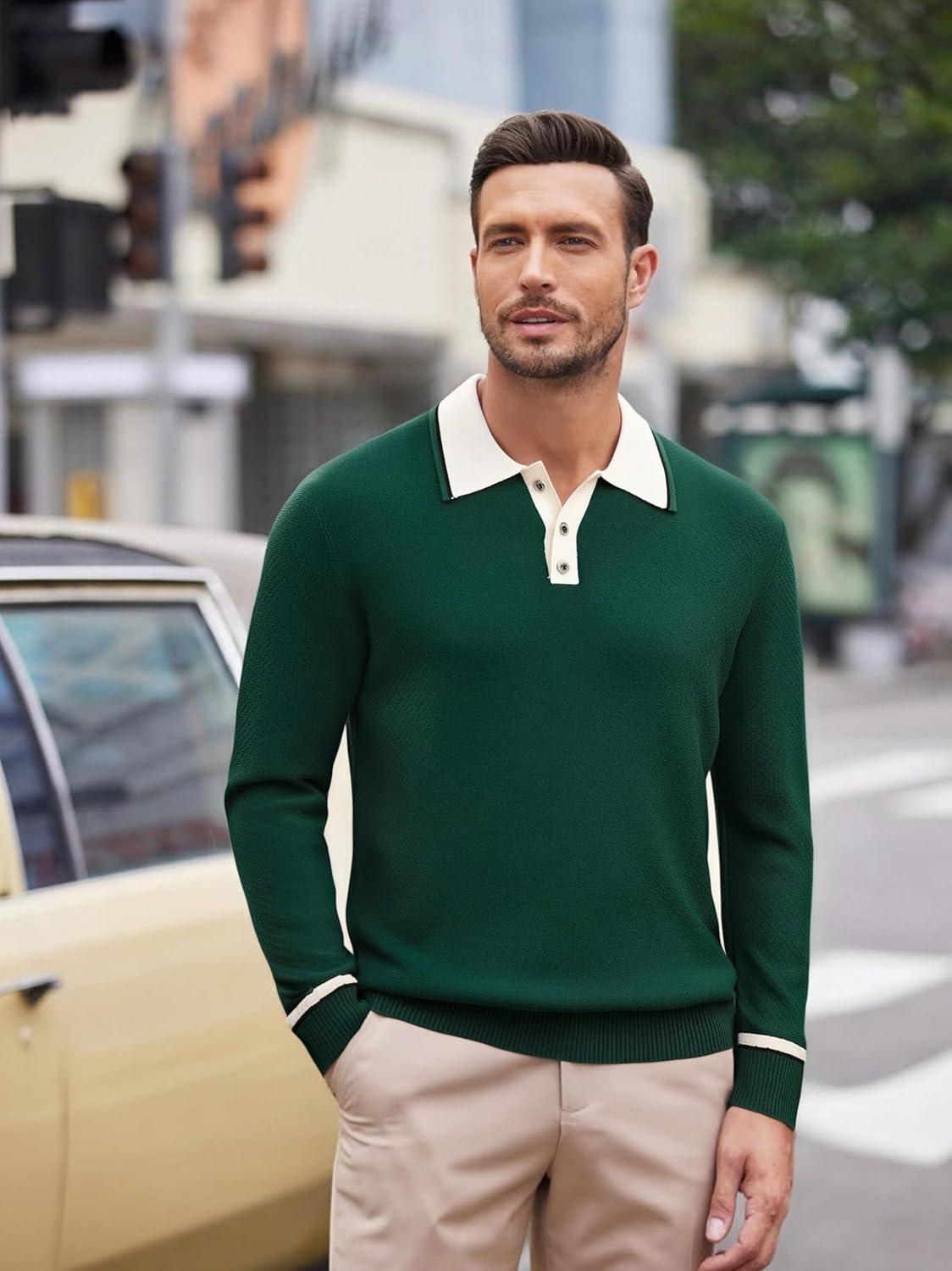 imageAlex Vando Mens Knit Polo Shirts Long Sleeve Sweater Casual Fashion Classic Button Down Polo ShirtsGreen