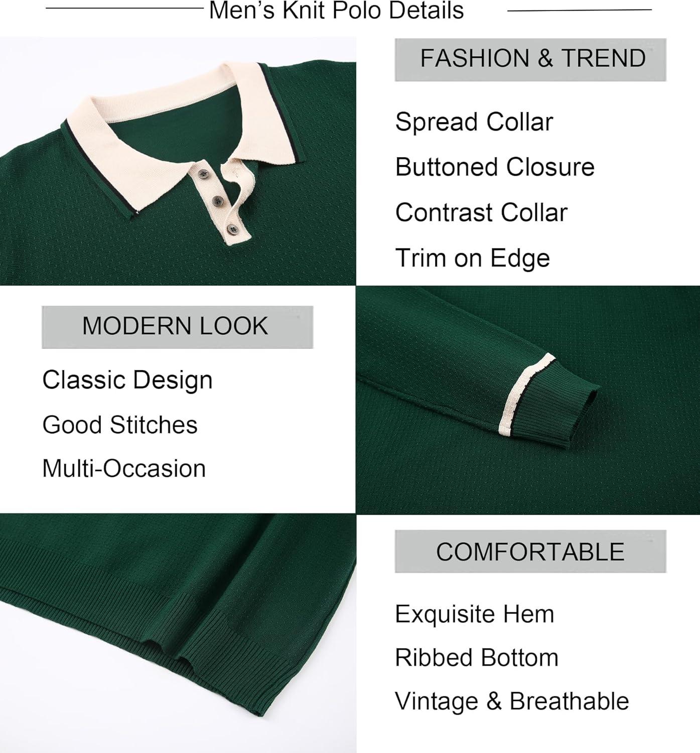 imageAlex Vando Mens Knit Polo Shirts Long Sleeve Sweater Casual Fashion Classic Button Down Polo ShirtsGreen