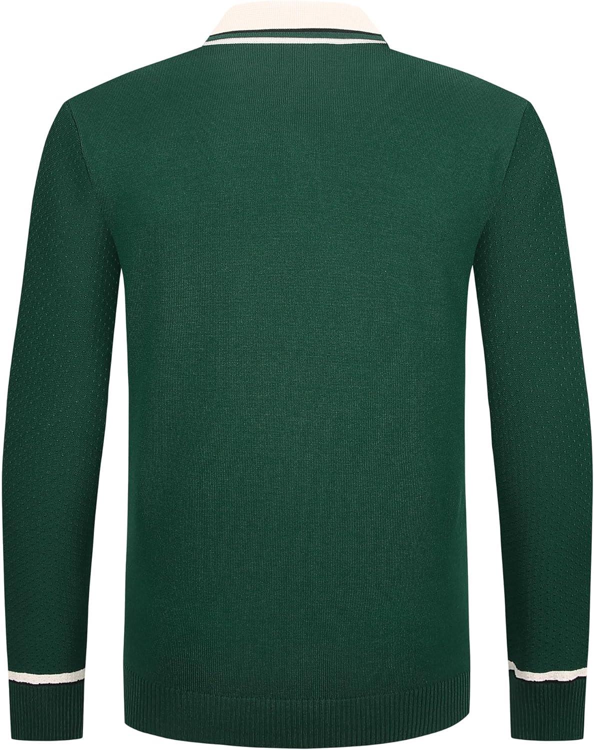 imageAlex Vando Mens Knit Polo Shirts Long Sleeve Sweater Casual Fashion Classic Button Down Polo ShirtsGreen