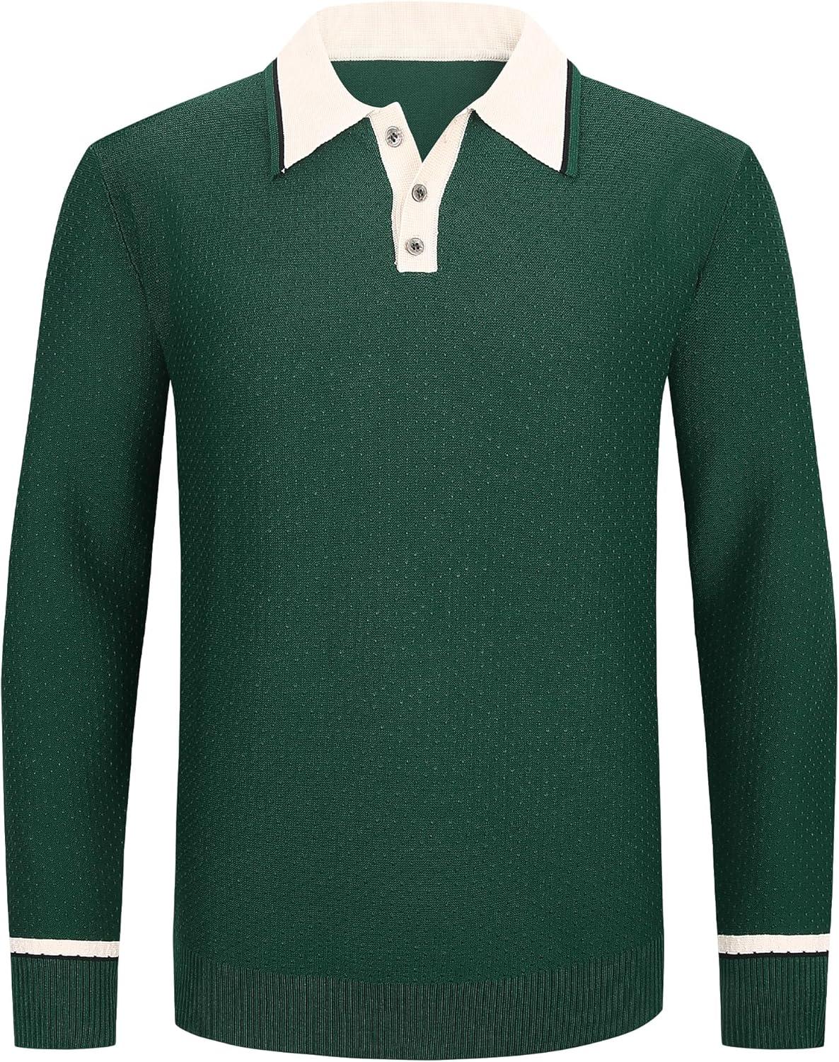 imageAlex Vando Mens Knit Polo Shirts Long Sleeve Sweater Casual Fashion Classic Button Down Polo ShirtsGreen