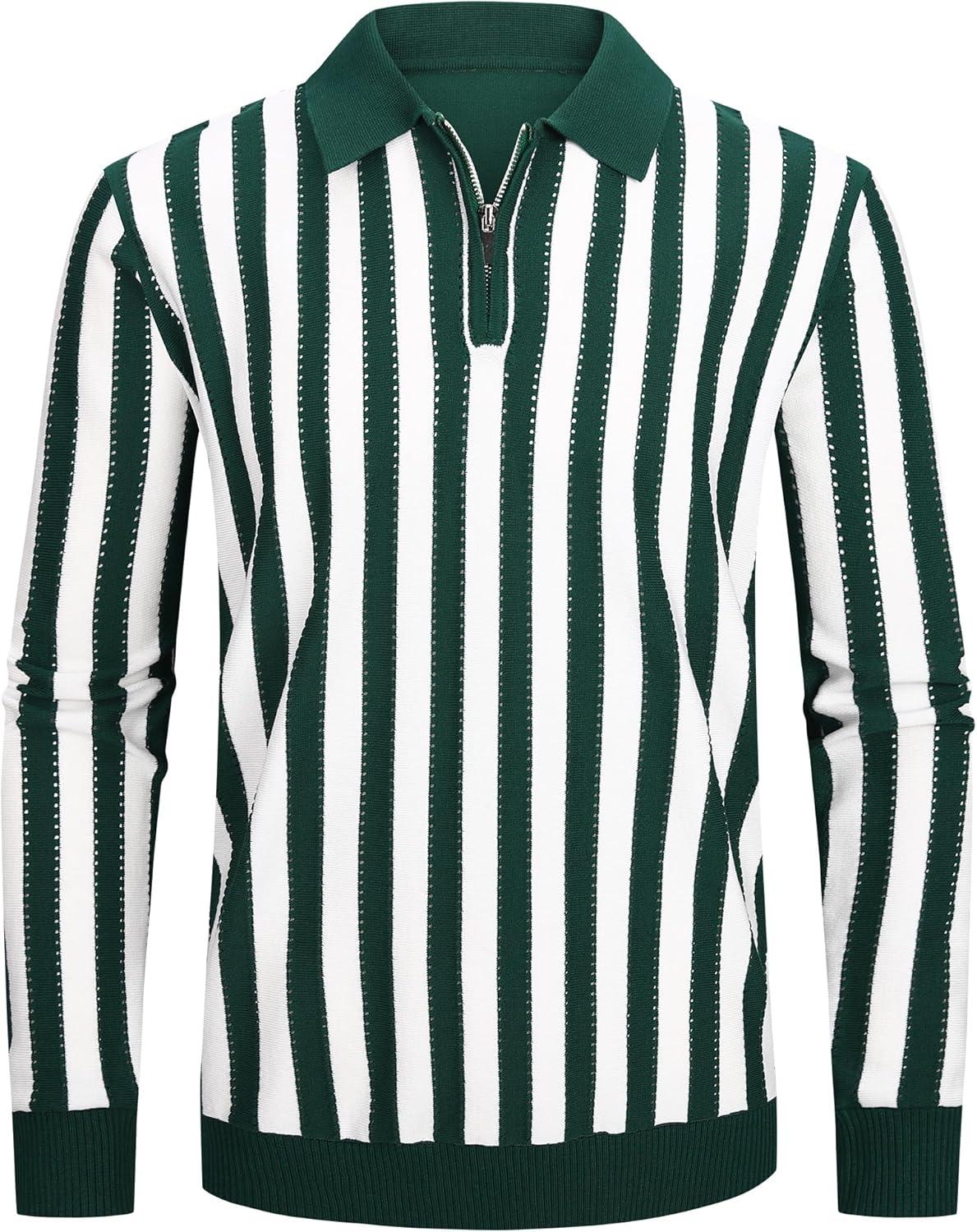 imageAlex Vando Mens Knit Polo Shirts Long Sleeve Sweater Casual Fashion Classic Button Down Polo ShirtsGreenWhite