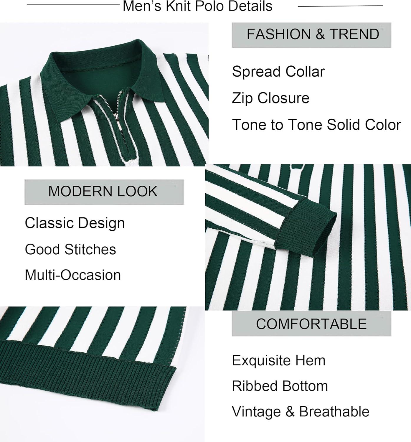 imageAlex Vando Mens Knit Polo Shirts Long Sleeve Sweater Casual Fashion Classic Button Down Polo ShirtsGreenWhite