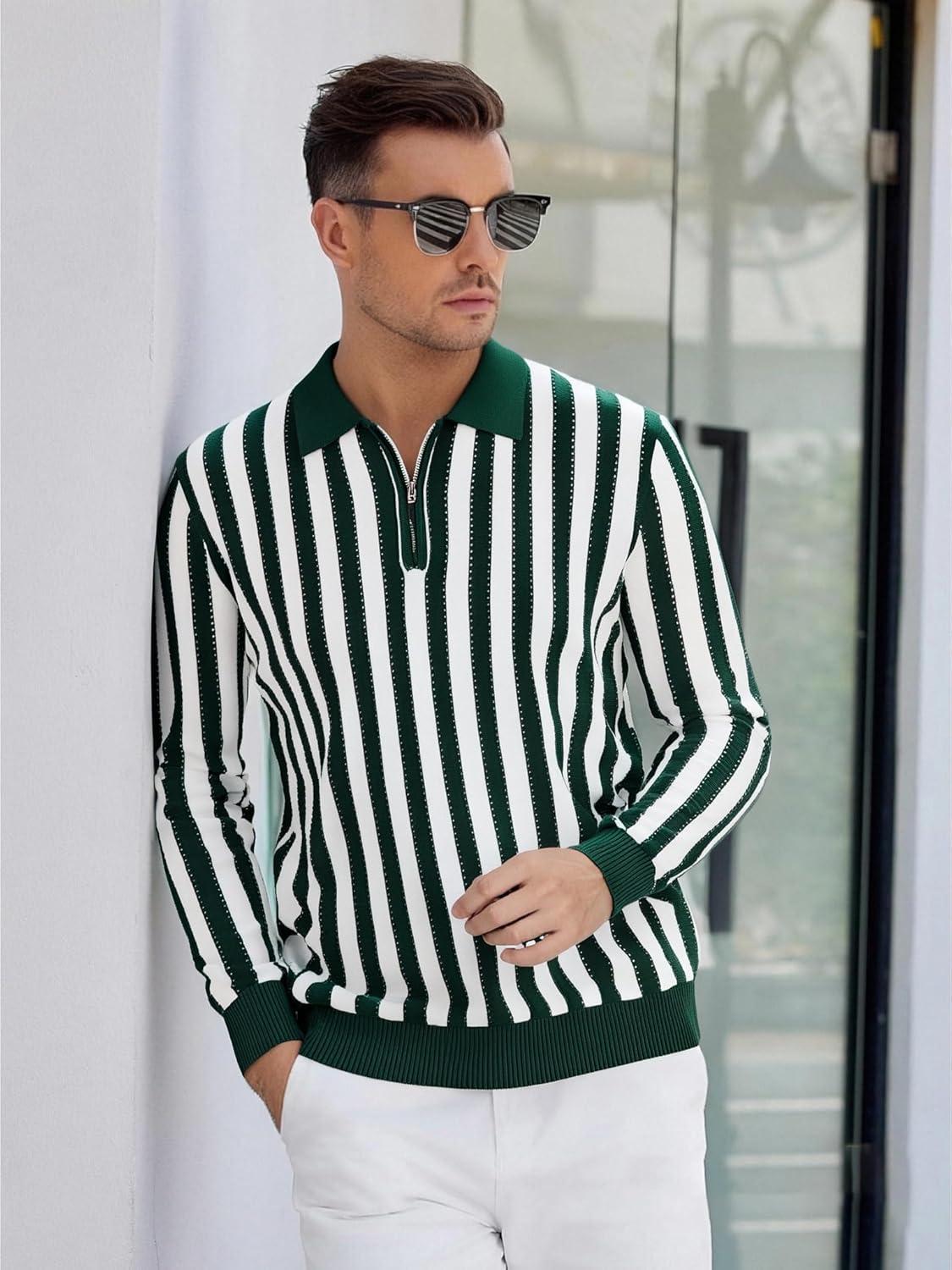 imageAlex Vando Mens Knit Polo Shirts Long Sleeve Sweater Casual Fashion Classic Button Down Polo ShirtsGreenWhite