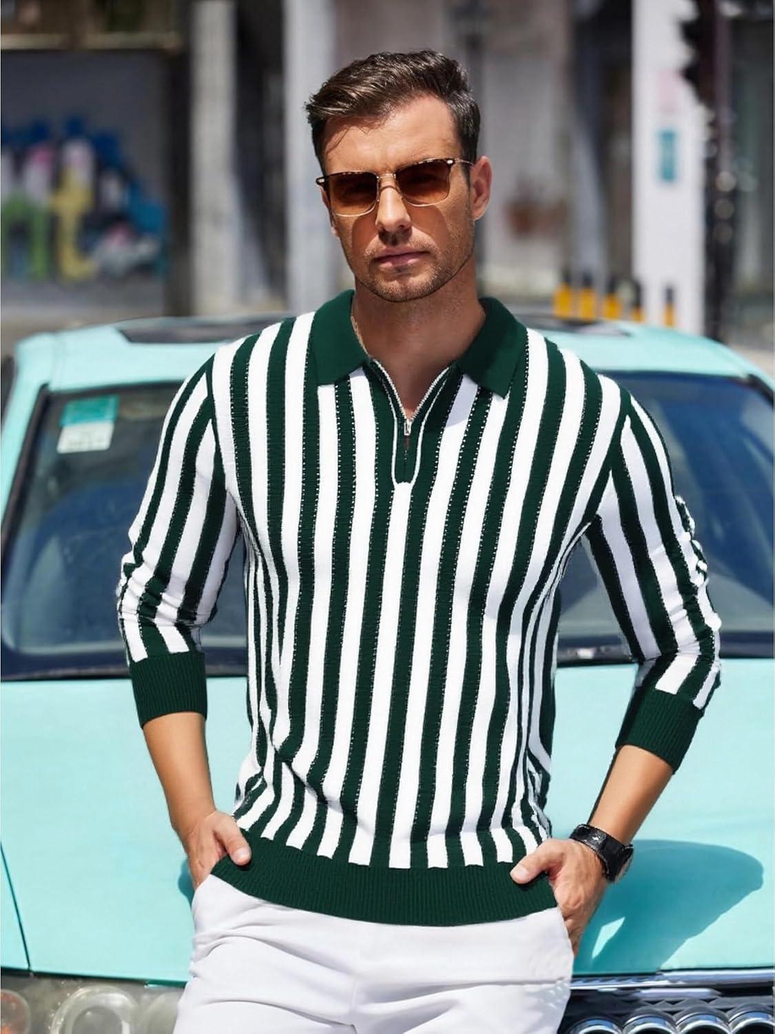 imageAlex Vando Mens Knit Polo Shirts Long Sleeve Sweater Casual Fashion Classic Button Down Polo ShirtsGreenWhite