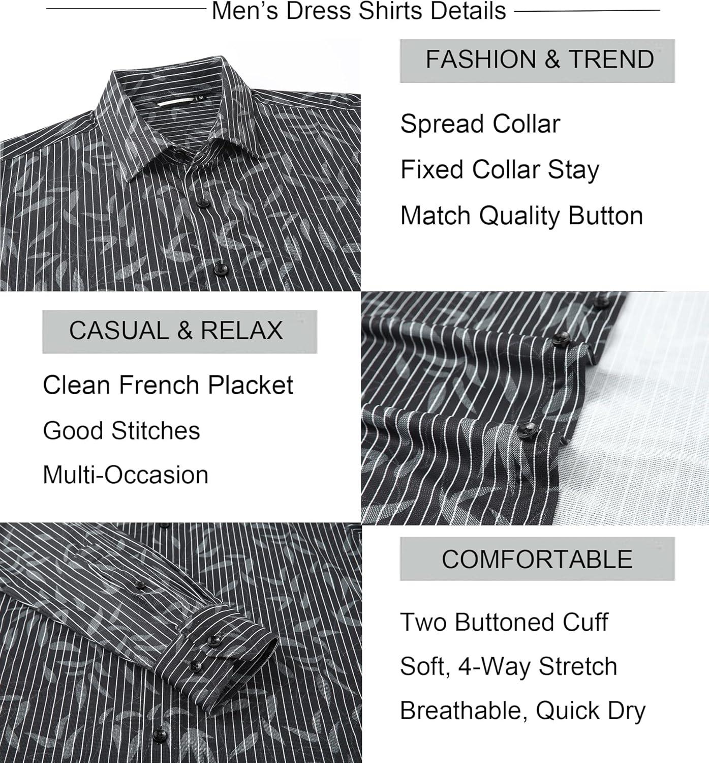 imageAlex Vando Mens Print Button Down Shirts Breathable Long Sleeve Regular Fit Knit Dress Shirts for MenBlack Leaf