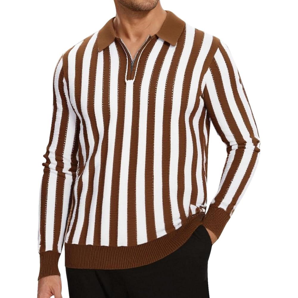 imageAlex Vando Mens Knit Polo Shirts Long Sleeve Sweater Casual Fashion Classic Button Down Polo ShirtsBrownWhite