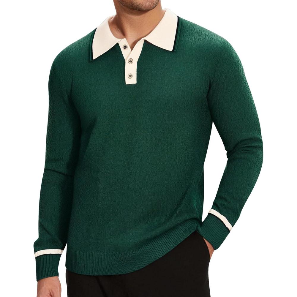 imageAlex Vando Mens Knit Polo Shirts Long Sleeve Sweater Casual Fashion Classic Button Down Polo ShirtsGreen