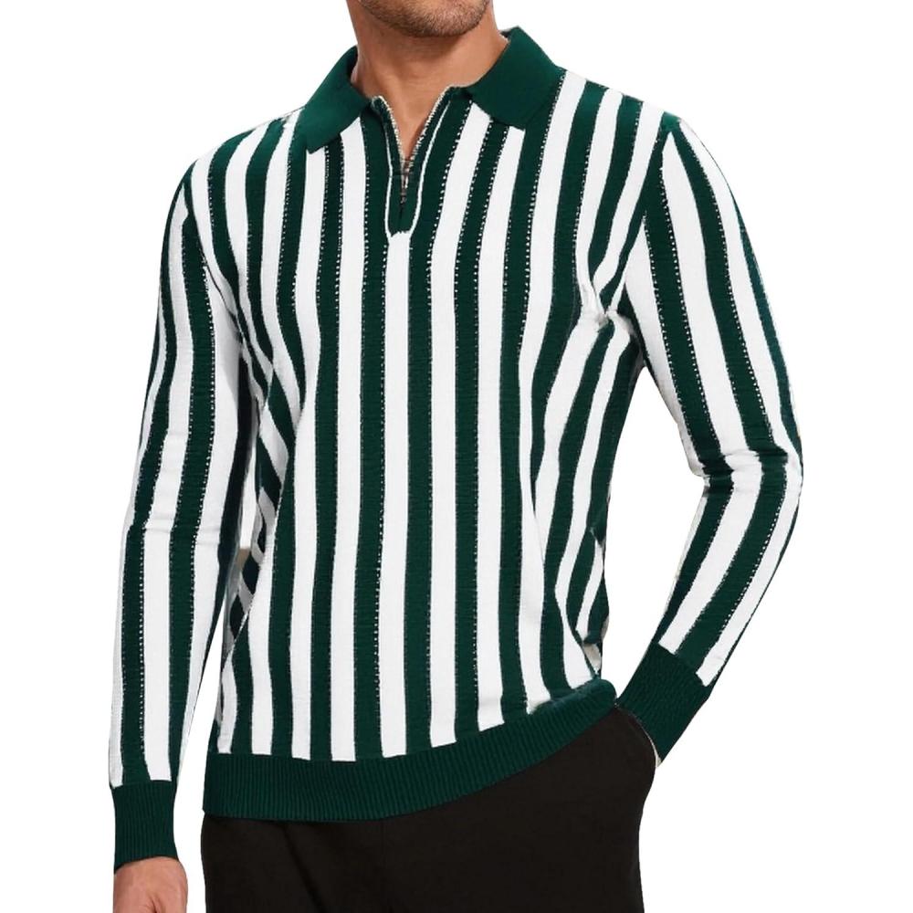 imageAlex Vando Mens Knit Polo Shirts Long Sleeve Sweater Casual Fashion Classic Button Down Polo ShirtsGreenWhite