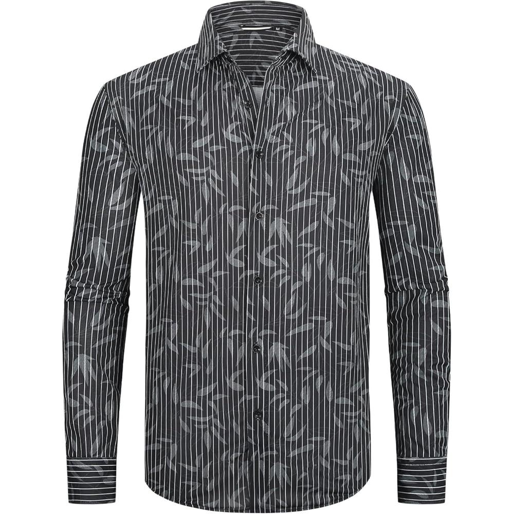 imageAlex Vando Mens Print Button Down Shirts Breathable Long Sleeve Regular Fit Knit Dress Shirts for MenBlack Leaf