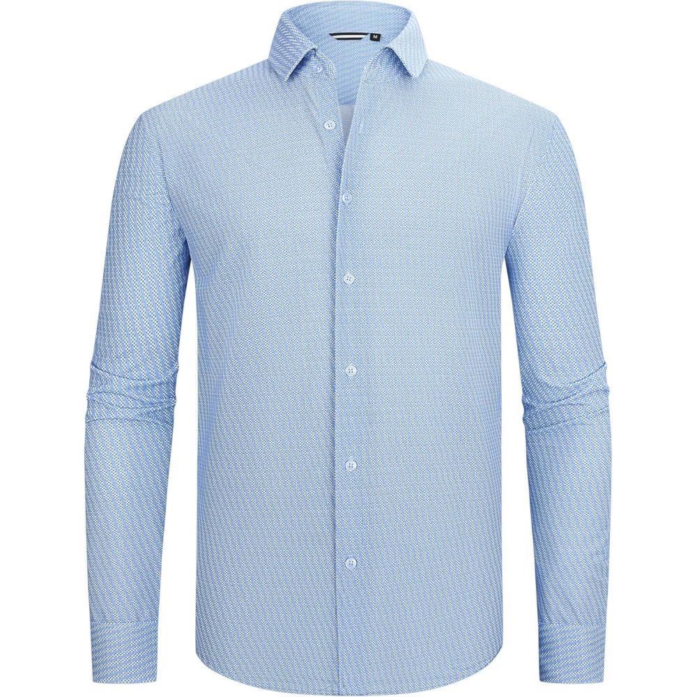 imageAlex Vando Mens Print Button Down Shirts Breathable Long Sleeve Regular Fit Knit Dress Shirts for MenBlue Check