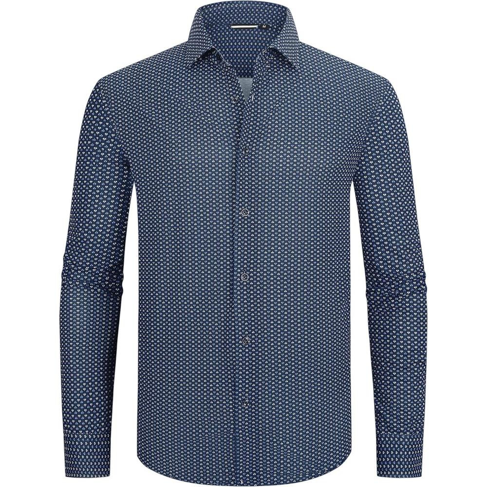 imageAlex Vando Mens Print Button Down Shirts Breathable Long Sleeve Regular Fit Knit Dress Shirts for MenNavy Flower