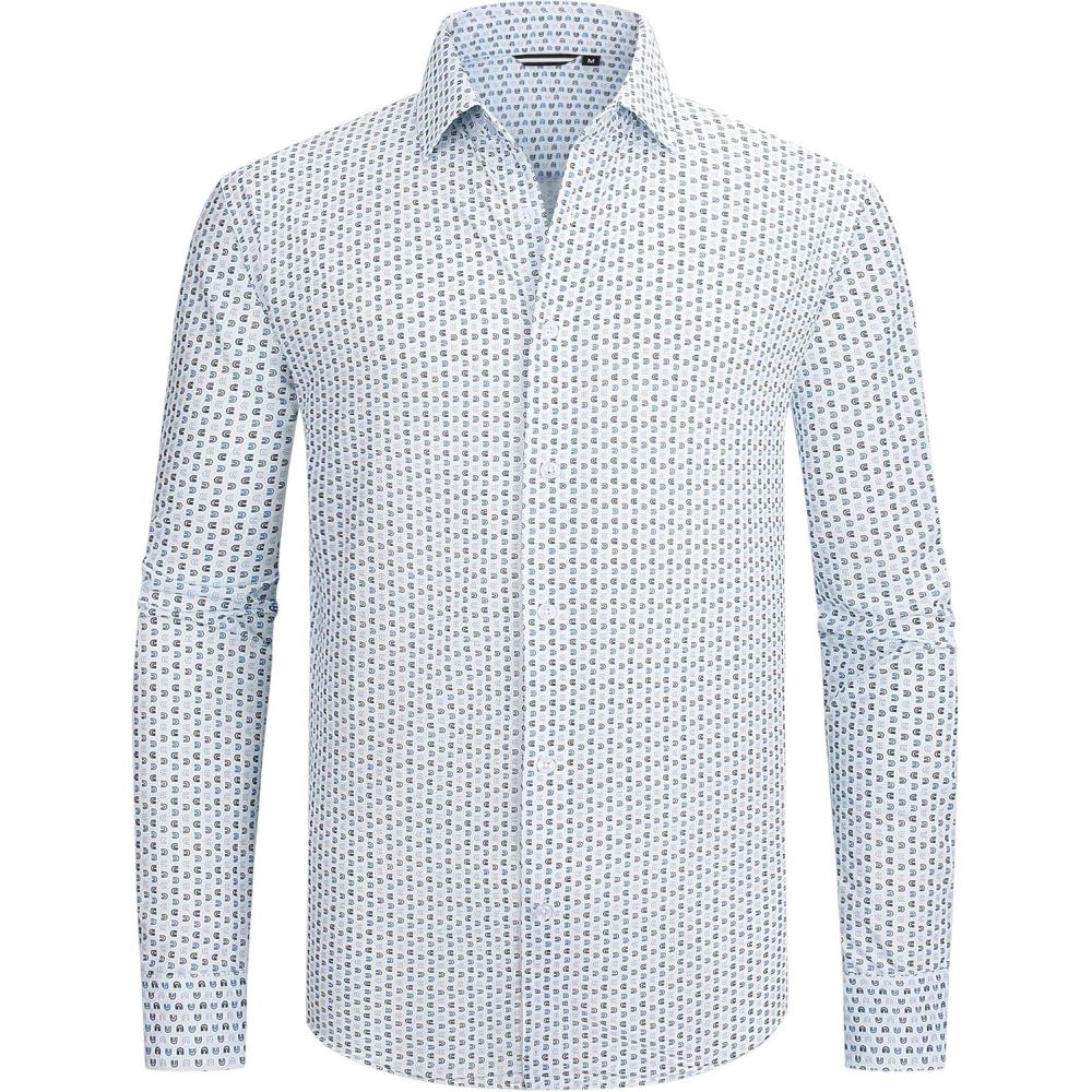 imageAlex Vando Mens Print Button Down Shirts Breathable Long Sleeve Regular Fit Knit Dress Shirts for MenWhite U