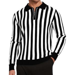 imageAlex Vando Mens Knit Polo Shirts Long Sleeve Sweater Casual Fashion Classic Button Down Polo ShirtsBlackWhite