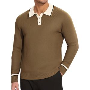 imageAlex Vando Mens Knit Polo Shirts Long Sleeve Sweater Casual Fashion Classic Button Down Polo ShirtsBrown