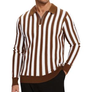 imageAlex Vando Mens Knit Polo Shirts Long Sleeve Sweater Casual Fashion Classic Button Down Polo ShirtsBrownWhite