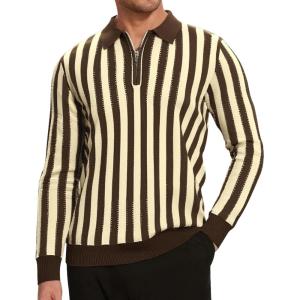 imageAlex Vando Mens Knit Polo Shirts Long Sleeve Sweater Casual Fashion Classic Button Down Polo ShirtsCoffeeKhaki