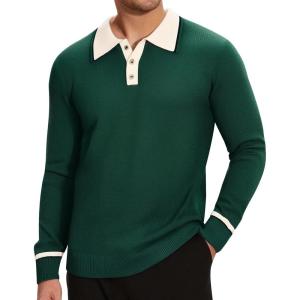 imageAlex Vando Mens Knit Polo Shirts Long Sleeve Sweater Casual Fashion Classic Button Down Polo ShirtsGreen