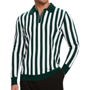 imageAlex Vando Mens Knit Polo Shirts Long Sleeve Sweater Casual Fashion Classic Button Down Polo ShirtsGreenWhite