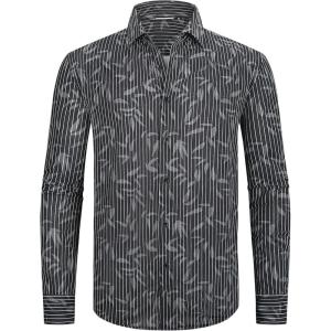 imageAlex Vando Mens Print Button Down Shirts Breathable Long Sleeve Regular Fit Knit Dress Shirts for MenBlack Leaf