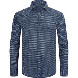 imageAlex Vando Mens Print Button Down Shirts Breathable Long Sleeve Regular Fit Knit Dress Shirts for MenNavy Flower