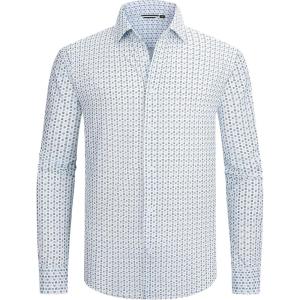 imageAlex Vando Mens Print Button Down Shirts Breathable Long Sleeve Regular Fit Knit Dress Shirts for MenWhite U