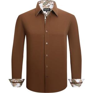 imageAlex Vando Mens Cotton Stretch Dress Shirt Regular Fit Fashion Paisley Contrast Button Down ShirtsCoffee