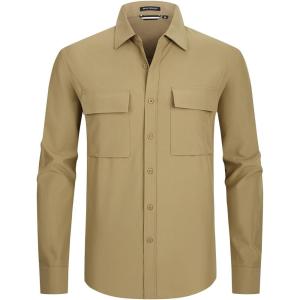 imageAlex Vando Mens Button Down Shirts Two Pockets Long Sleeve Casual Dress Shirt for MenKhaki