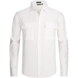 imageAlex Vando Mens Button Down Shirts Two Pockets Long Sleeve Casual Dress Shirt for MenWhite