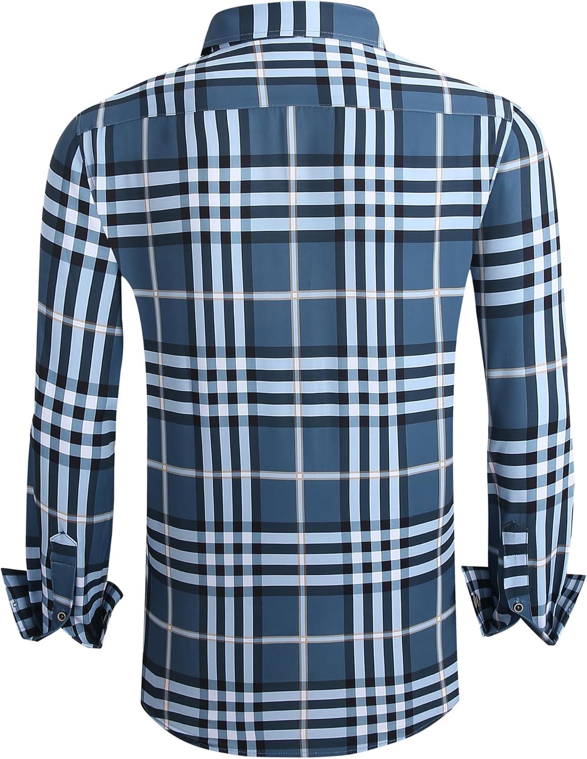 imageAlex Vando Mens Print Plaid Button Down Shirts Wrinkle Free 4Way Stretch Casual Dress Shirt for Men29 DustyblueWhite
