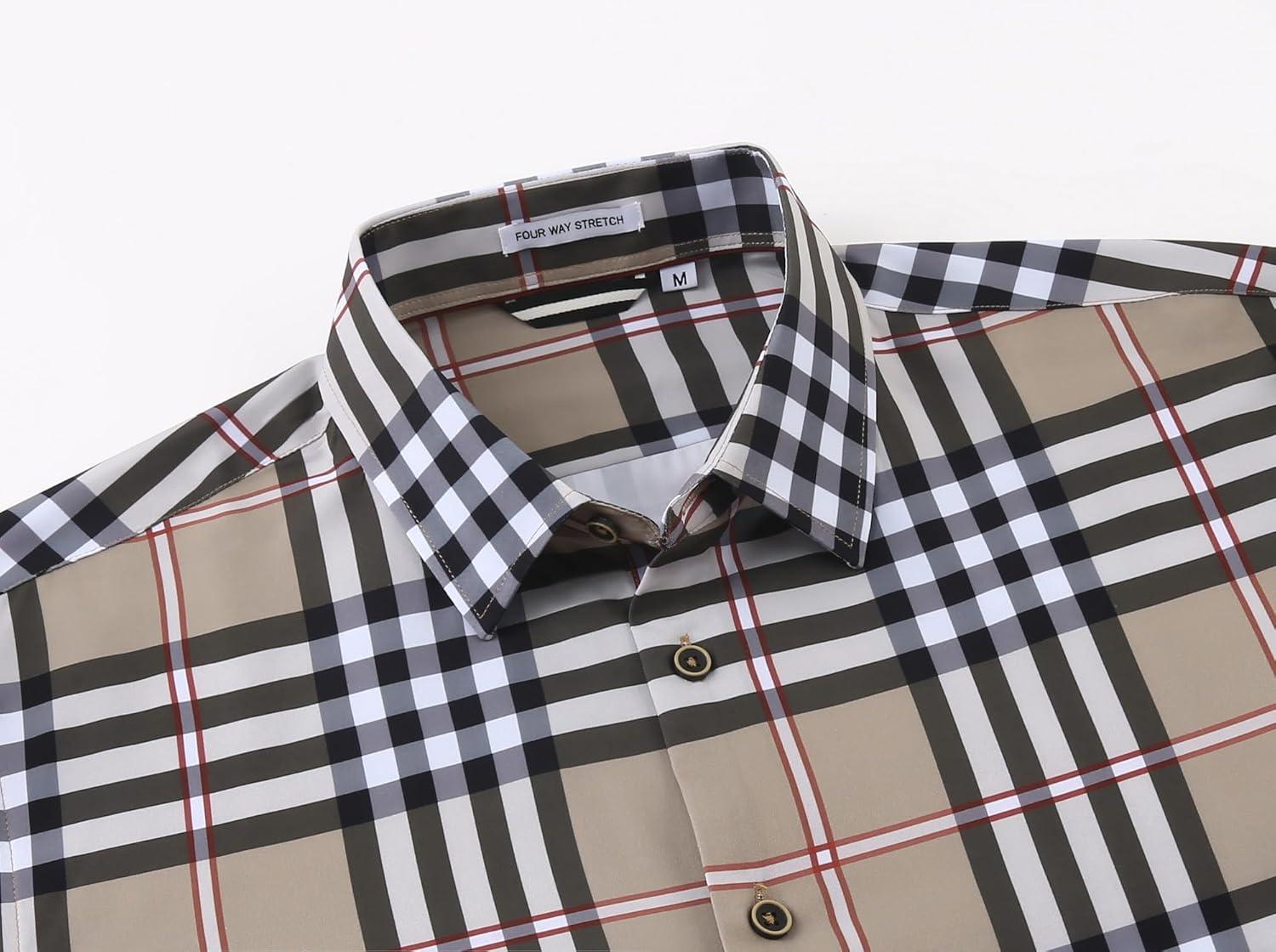 imageAlex Vando Mens Print Plaid Button Down Shirts Wrinkle Free 4Way Stretch Casual Dress Shirt for Men30 BorwnWhite