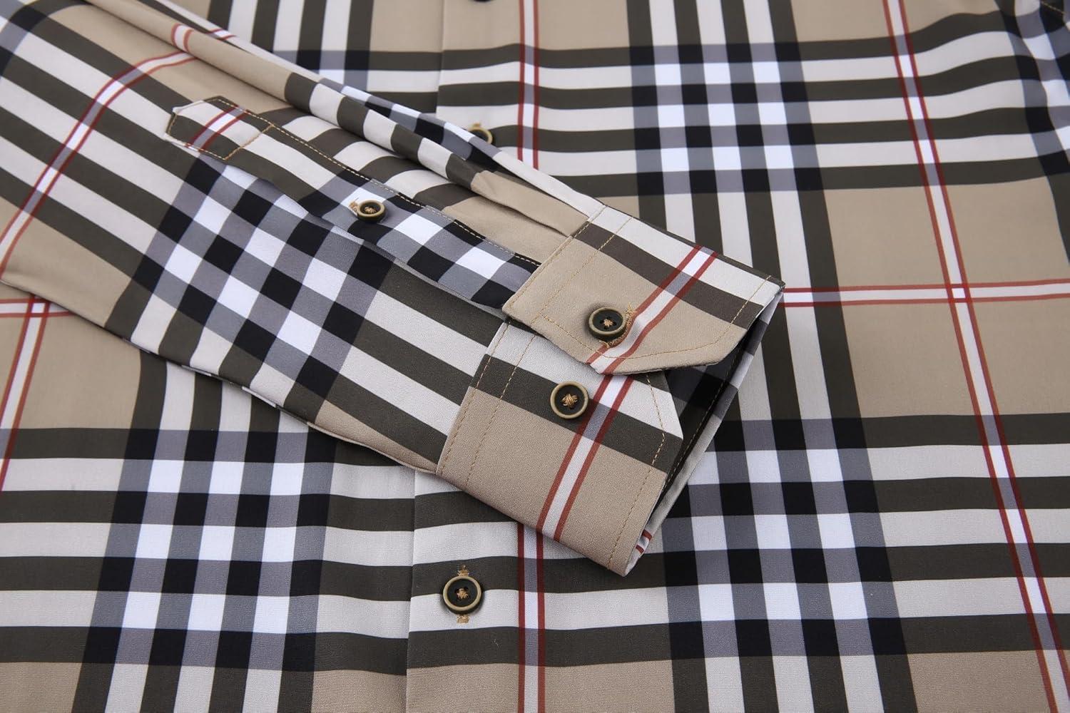 imageAlex Vando Mens Print Plaid Button Down Shirts Wrinkle Free 4Way Stretch Casual Dress Shirt for Men30 BorwnWhite