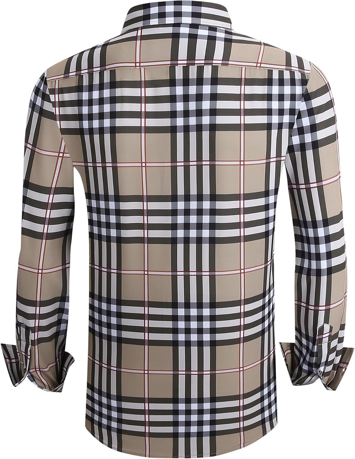 imageAlex Vando Mens Print Plaid Button Down Shirts Wrinkle Free 4Way Stretch Casual Dress Shirt for Men30 BorwnWhite