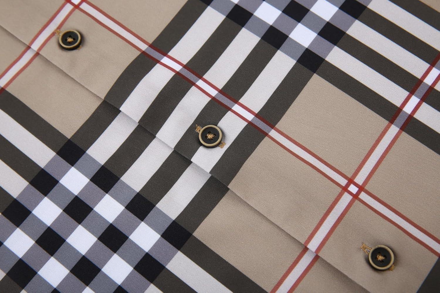 imageAlex Vando Mens Print Plaid Button Down Shirts Wrinkle Free 4Way Stretch Casual Dress Shirt for Men30 BorwnWhite