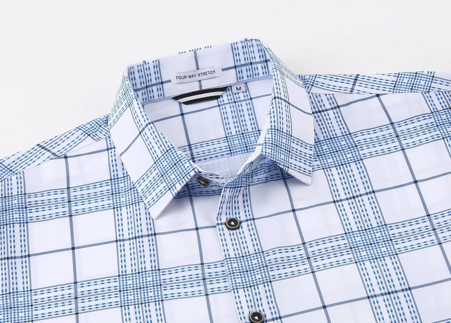imageAlex Vando Mens Print Plaid Button Down Shirts Wrinkle Free 4Way Stretch Casual Dress Shirt for Men30 WhiteBlue