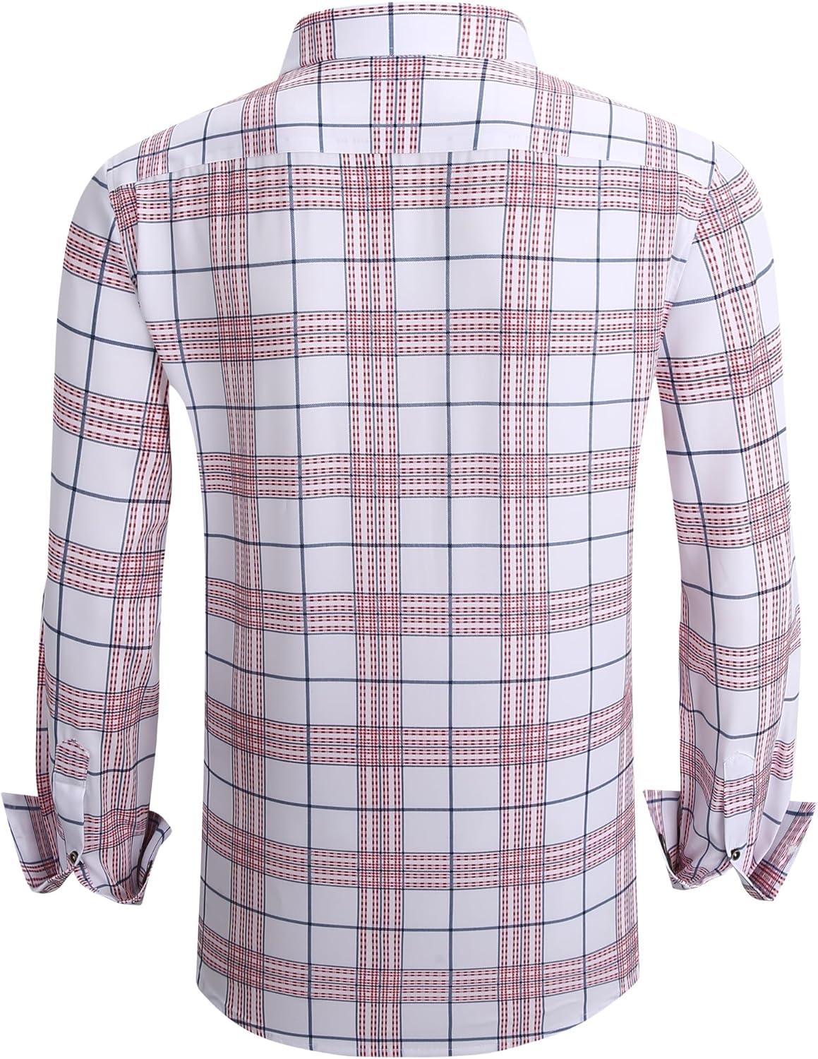 imageAlex Vando Mens Print Plaid Button Down Shirts Wrinkle Free 4Way Stretch Casual Dress Shirt for Men31 WhiteRed