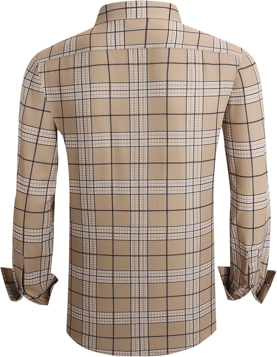 imageAlex Vando Mens Print Plaid Button Down Shirts Wrinkle Free 4Way Stretch Casual Dress Shirt for Men32 Khaki