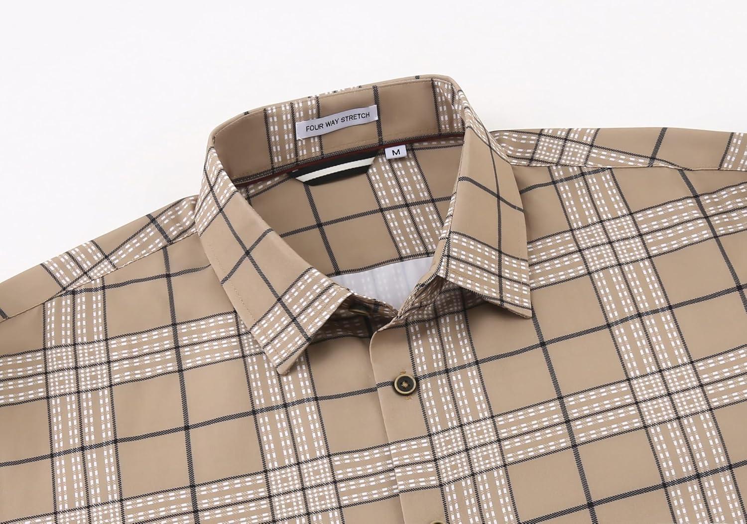 imageAlex Vando Mens Print Plaid Button Down Shirts Wrinkle Free 4Way Stretch Casual Dress Shirt for Men32 Khaki