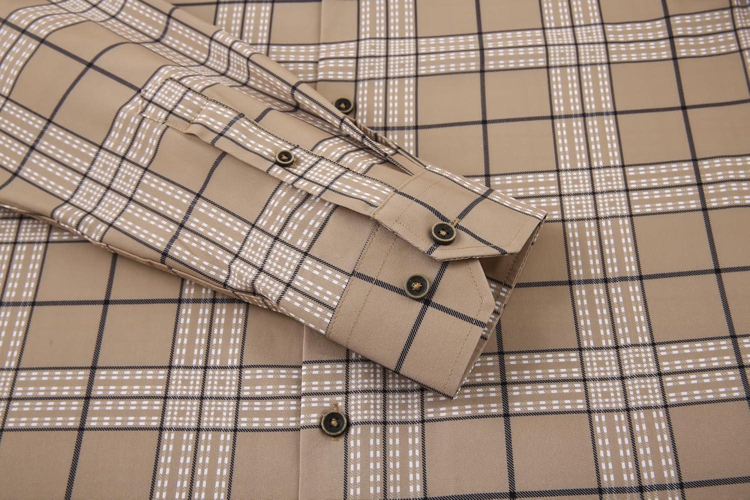 imageAlex Vando Mens Print Plaid Button Down Shirts Wrinkle Free 4Way Stretch Casual Dress Shirt for Men32 Khaki