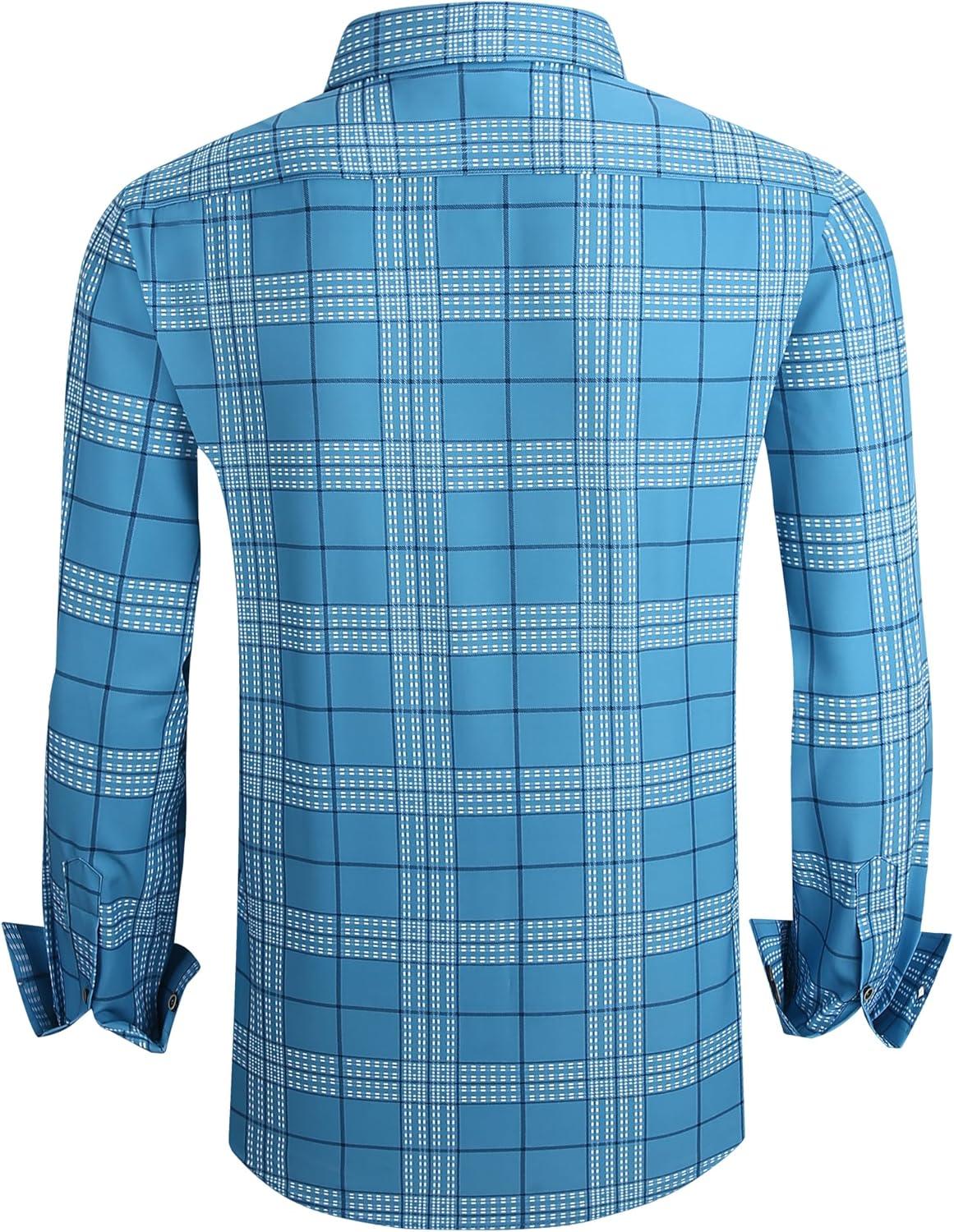 imageAlex Vando Mens Print Plaid Button Down Shirts Wrinkle Free 4Way Stretch Casual Dress Shirt for Men33 Blue