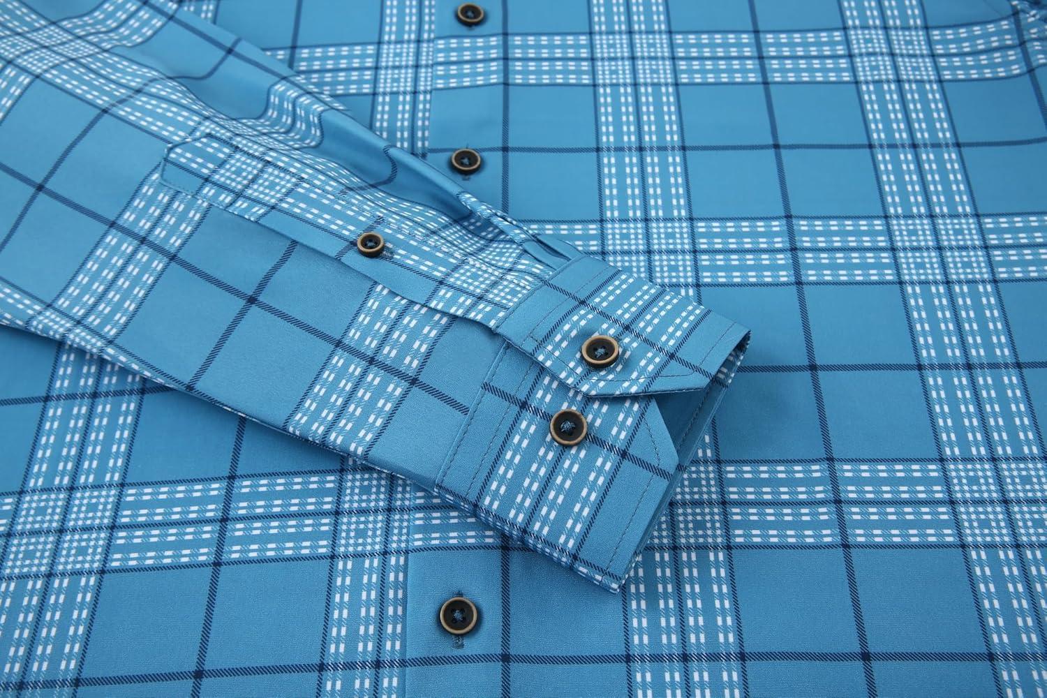 imageAlex Vando Mens Print Plaid Button Down Shirts Wrinkle Free 4Way Stretch Casual Dress Shirt for Men33 Blue