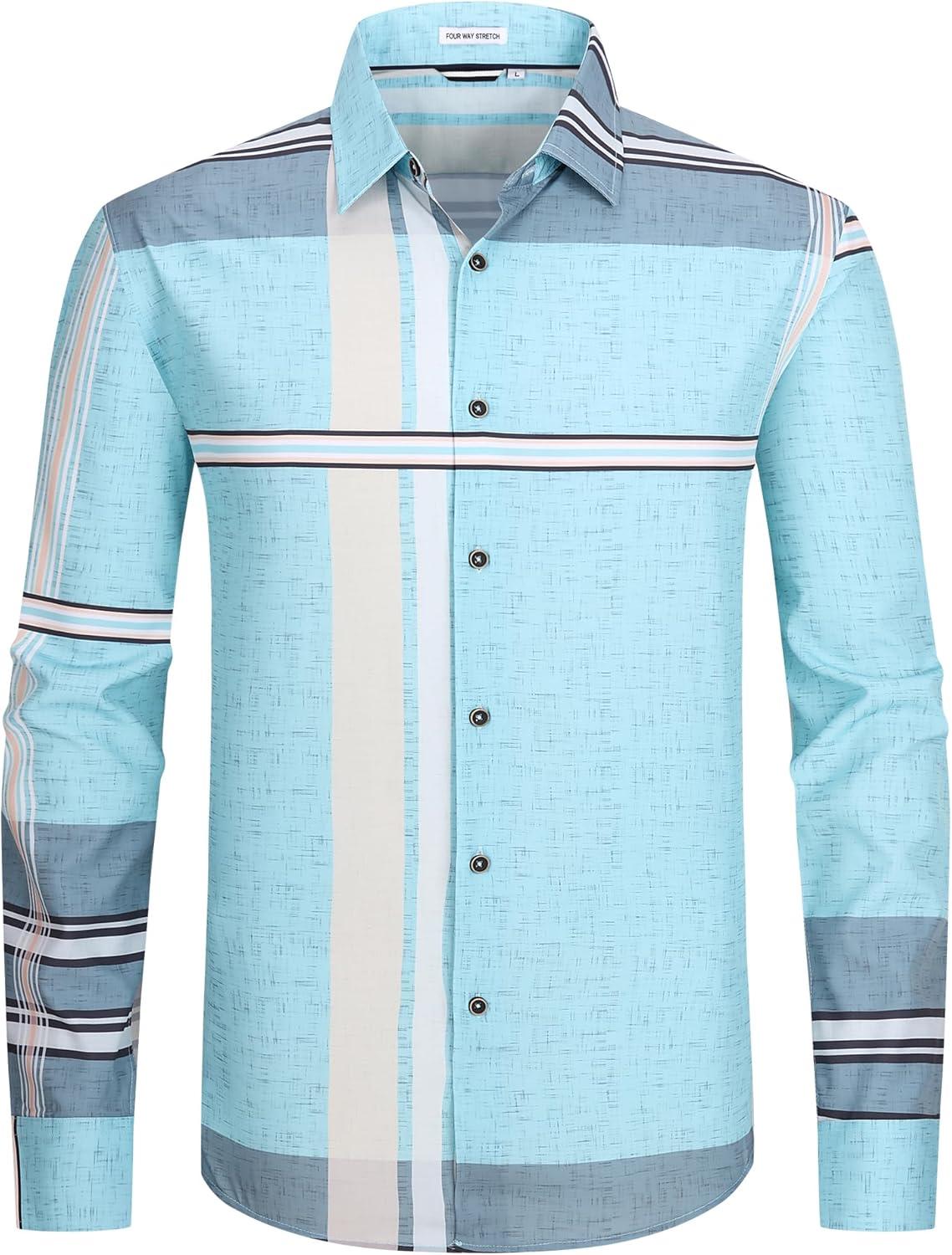 imageAlex Vando Mens Print Plaid Button Down Shirts Wrinkle Free 4Way Stretch Casual Dress Shirt for Men38 BlueGrey