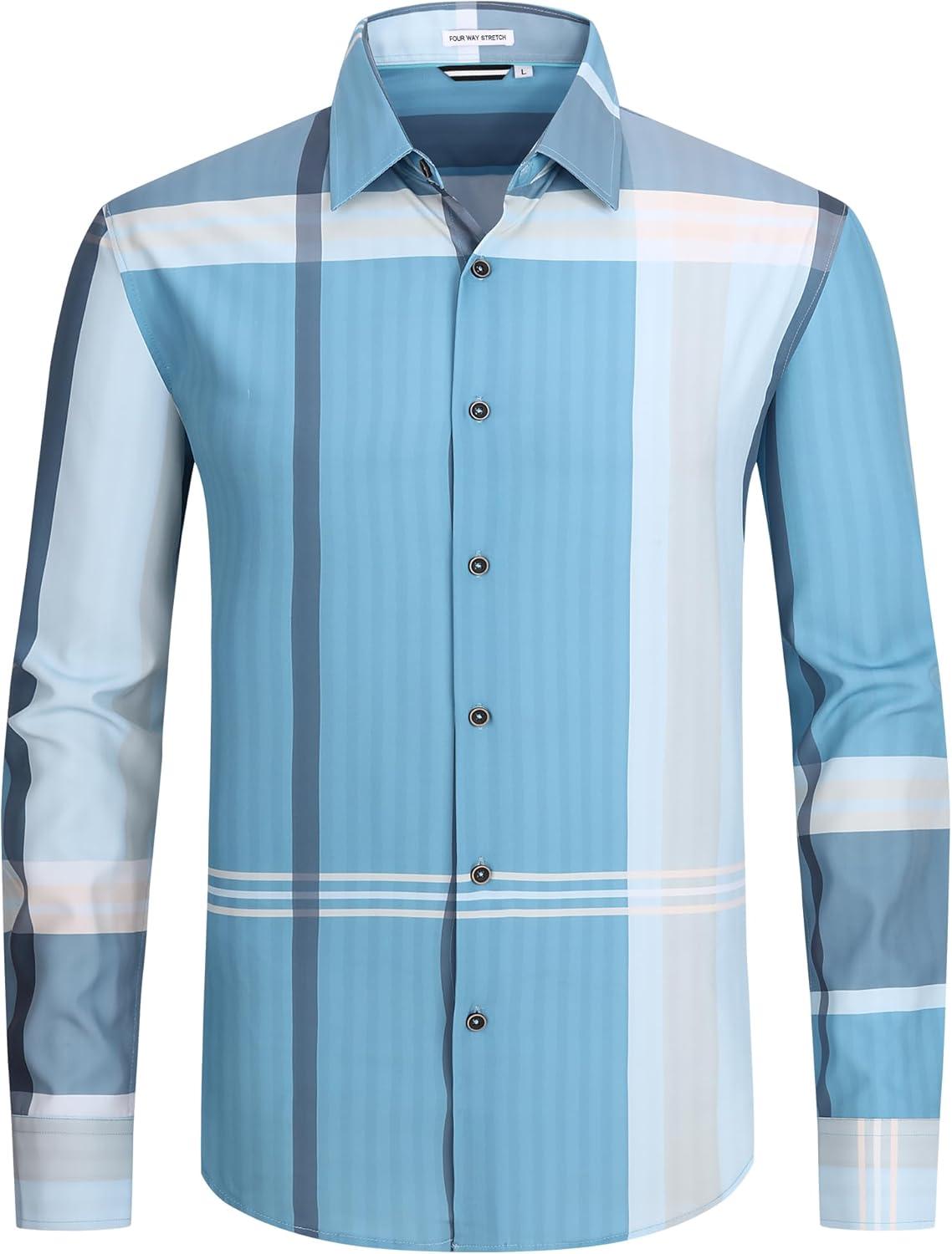 imageAlex Vando Mens Print Plaid Button Down Shirts Wrinkle Free 4Way Stretch Casual Dress Shirt for Men40 BlueGrey