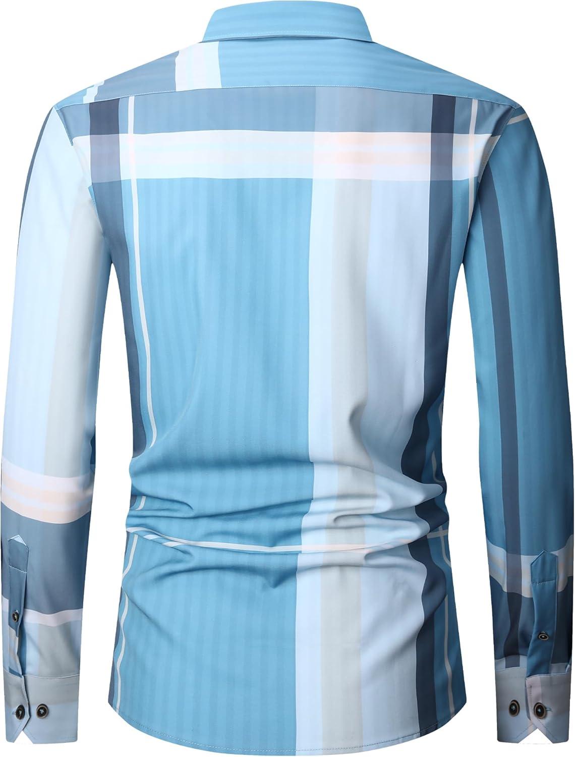 imageAlex Vando Mens Print Plaid Button Down Shirts Wrinkle Free 4Way Stretch Casual Dress Shirt for Men40 BlueGrey